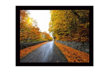 Inramad Canvastavla i trä - 41x56 cm - Vacker höstlandskap med en väg omgiven av gyllene träd - Guld / Orange / Grå - Inredning - Tavlor & posters - Canvastavla