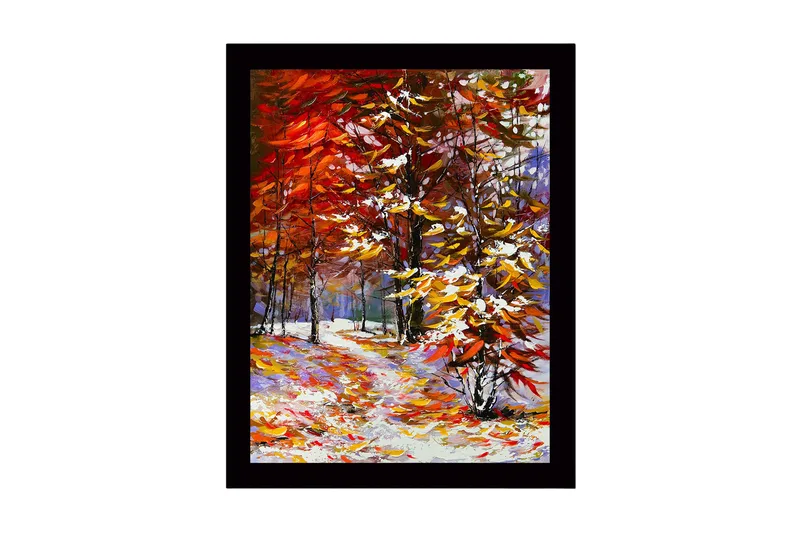 Inramad Canvastavla i trä - 41x56 cm - Vacker höstlandskap med färgglada träd och en slingrande stig, Röd / Orange / Gul