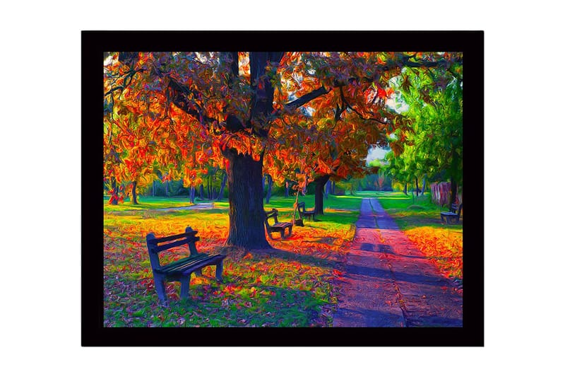Inramad Canvastavla i trä - 41x56 cm - Vacker höstscen med färgglada träd och bänkar i en park, Orange / Grön / Brun
