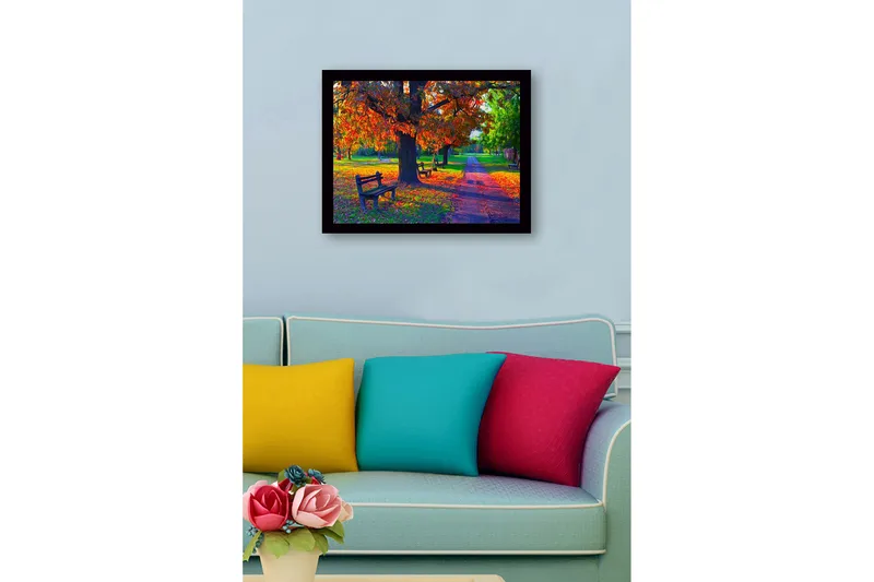 Inramad Canvastavla i trä - 41x56 cm - Vacker höstscen med färgglada träd och bänkar i en park - Orange / Grön / Brun - Inredning - Tavlor & posters - Canvastavla