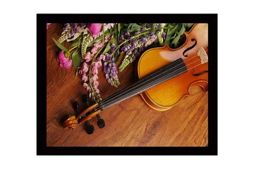 Inramad Canvastavla i trä - 41x56 cm - Vacker komposition med en fiol och färgglada blommor - Lila / Rosa / Brun - Inredning - Tavlor & posters - Canvastavla