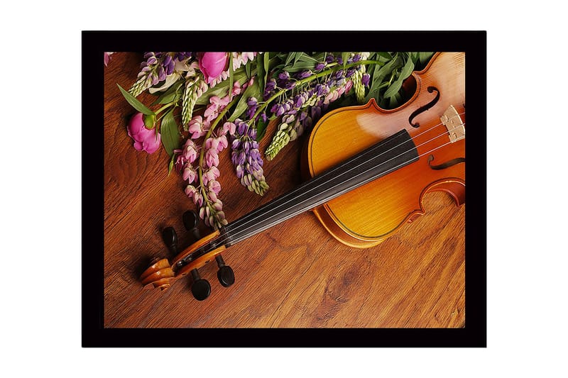 Inramad Canvastavla i trä - 41x56 cm - Vacker komposition med en fiol och färgglada blommor, Lila / Rosa / Brun