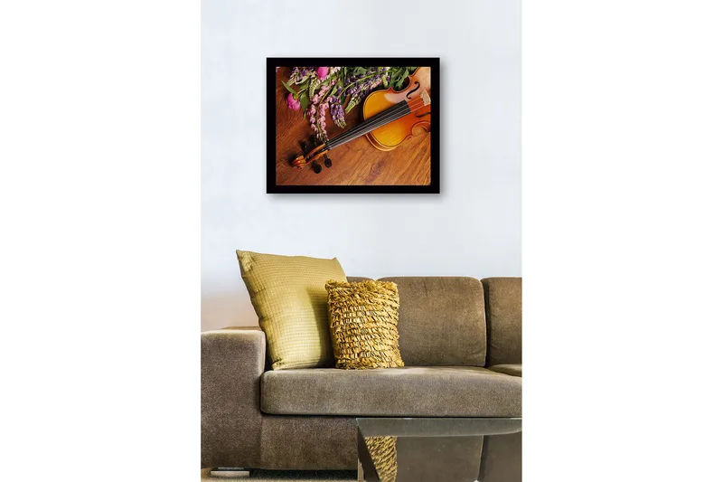 Inramad Canvastavla i trä - 41x56 cm - Vacker komposition med en fiol och färgglada blommor - Lila / Rosa / Brun - Inredning - Tavlor & posters - Canvastavla