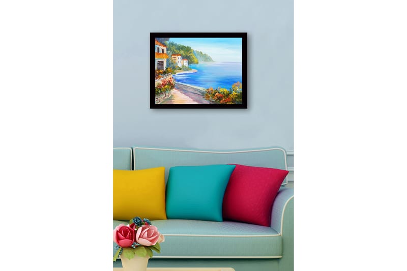Inramad Canvastavla i trä - 41x56 cm - Vacker kustlandskap med färgglada hus och blomstrande växtlighet vid havet - Blå / Grön / Orange - Inredning - Tavlor & posters - Canvastavla