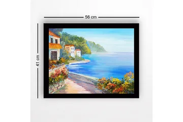 Inramad Canvastavla i trä - 41x56 cm - Vacker kustlandskap med färgglada hus och blomstrande växtlighet vid havet - Blå / Grön / Orange - Inredning - Tavlor & posters - Canvastavla