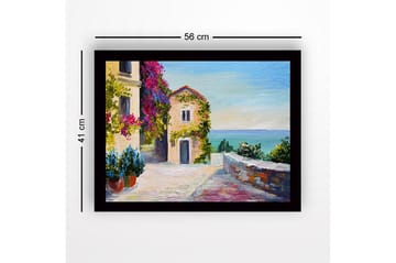 Inramad Canvastavla i trä - 41x56 cm - Vacker kustutsikt med blommor och en pittoresk byggnad - Lila / Grön / Blå - Inredning - Tavlor & posters - Canvastavla