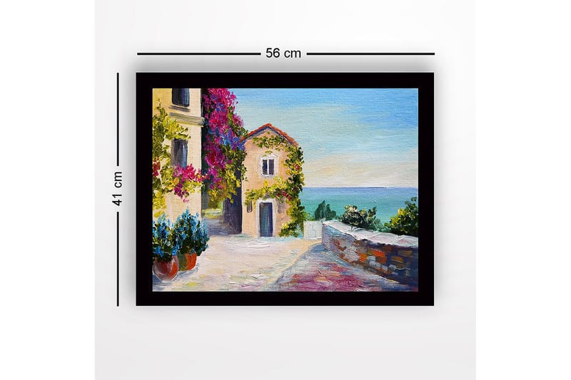 Inramad Canvastavla i trä - 41x56 cm - Vacker kustutsikt med blommor och en pittoresk byggnad - Lila / Grön / Blå - Inredning - Tavlor & posters - Canvastavla