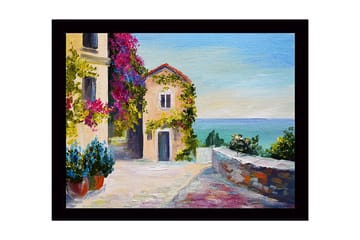 Inramad Canvastavla i trä - 41x56 cm - Vacker kustutsikt med blommor och en pittoresk byggnad - Lila / Grön / Blå - Inredning - Tavlor & posters - Canvastavla