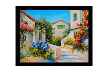 Inramad Canvastavla i trä - 41x56 cm - Vacker medelhavsmiljö med blommor och hus i ljusa färger - Blå / Grön / Röd - Inredning - Tavlor & posters - Canvastavla