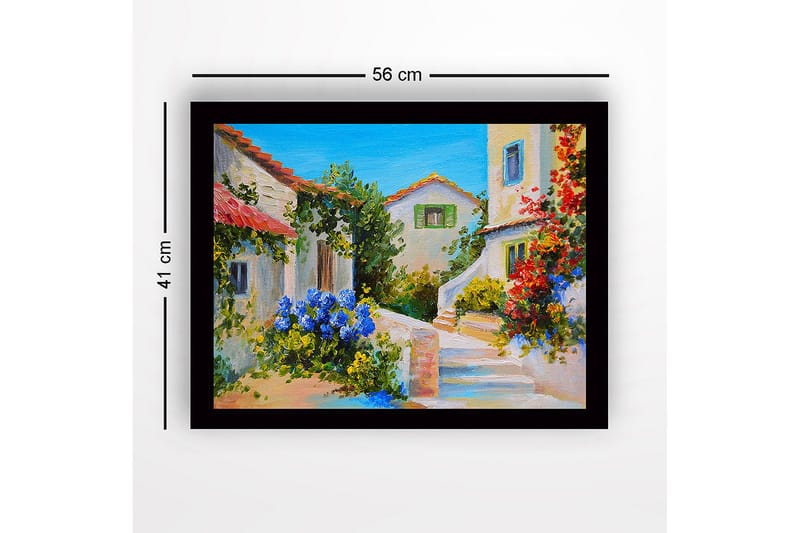 Inramad Canvastavla i trä - 41x56 cm - Vacker medelhavsmiljö med blommor och hus i ljusa färger - Blå / Grön / Röd - Inredning - Tavlor & posters - Canvastavla