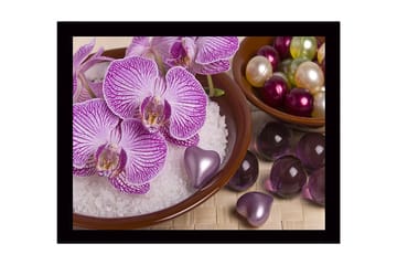 Inramad Canvastavla i trä - 41x56 cm - Vacker samling av orkidéer och dekorationer i skålar - Lila / Vit / Grön - Inredning - Tavlor & posters - Canvastavla