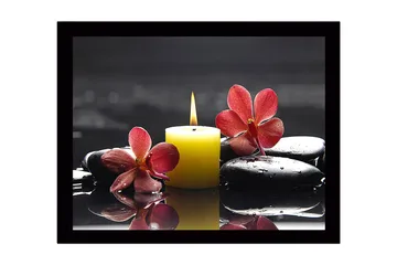 Inramad Canvastavla i trä - 41x56 cm - Vacker sammansättning av orkidéer och ett ljus på svarta stenar - Röd / Gul / Svart - Inredning - Tavlor & posters - Canvastavla