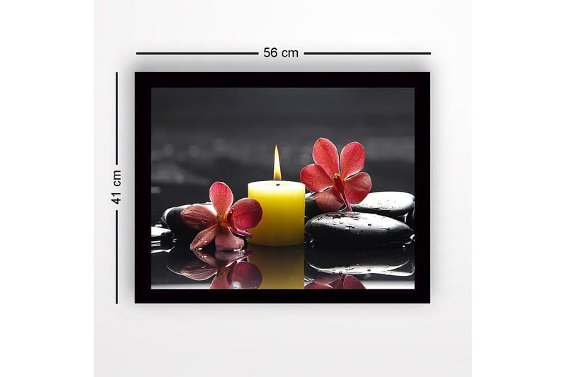 Inramad Canvastavla i trä - 41x56 cm - Vacker sammansättning av orkidéer och ett ljus på svarta stenar - Röd / Gul / Svart - Inredning - Tavlor & posters - Canvastavla