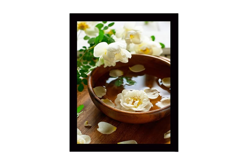 Inramad Canvastavla i trä - 41x56 cm - Vacker skål med flytande blommor och kronblad, Vit / Grön / Brun
