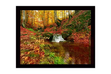 Inramad Canvastavla i trä - 41x56 cm - Vacker skog med en porlande bäck omgiven av höstfärger - Röd / Orange / Grön - Inredning - Tavlor & posters - Canvastavla