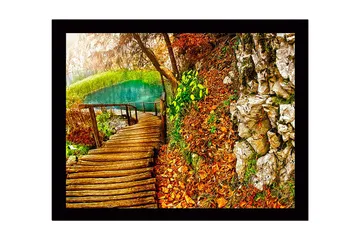 Inramad Canvastavla i trä - 41x56 cm - Vacker skogsstig vid en klar sjö omgiven av höstfärger - Grön / Orange / Brun - Inredning - Tavlor & posters - Canvastavla