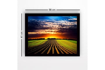 Inramad Canvastavla i trä - 41x56 cm - Vacker solnedgång över ett böljande fält med plöjda rader - Grön / Orange / Blå - Inredning - Tavlor & posters - Canvastavla