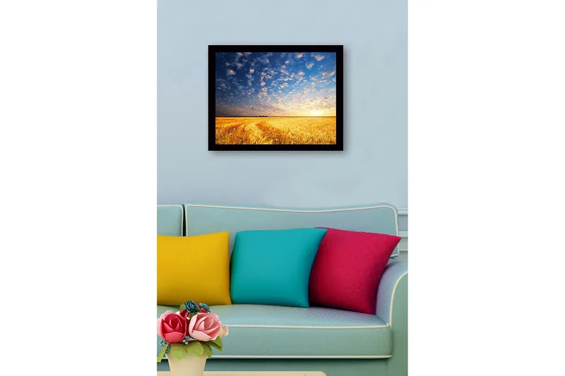 Inramad Canvastavla i trä - 41x56 cm - Vacker solnedgång över ett gyllene fält av vete - Guld / Blå / Vit - Inredning - Tavlor & posters - Canvastavla