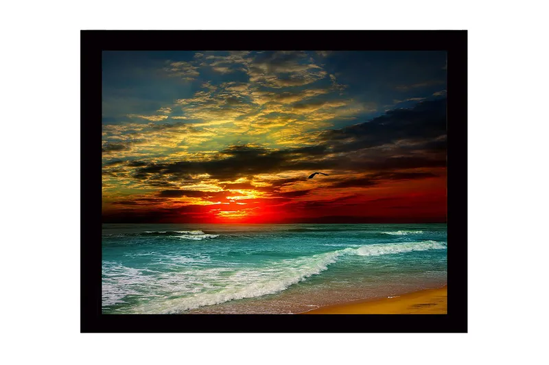 Inramad Canvastavla i trä - 41x56 cm - Vacker solnedgång över havet med dramatiska molnformationer - Mörkröd / Turkos / Gyllene - Inredning - Tavlor & posters - Canvastavla