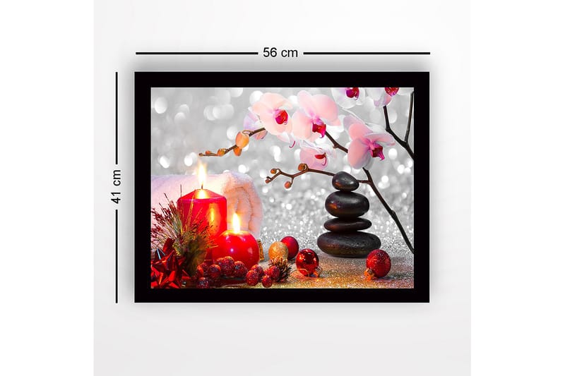Inramad Canvastavla i trä - 41x56 cm - Vacker stillhet med ljus, blommor och stenar - Röd / Svart / Rosa - Inredning - Tavlor & posters - Canvastavla