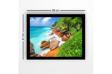 Inramad Canvastavla i trä - 41x56 cm - Vacker strand med klippor och turkost vatten - Turkos / Grön / Beige - Inredning - Tavlor & posters - Canvastavla