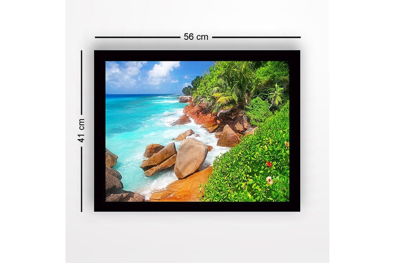 Inramad Canvastavla i trä - 41x56 cm - Vacker strand med klippor och turkost vatten - Turkos / Grön / Beige - Inredning - Tavlor & posters - Canvastavla