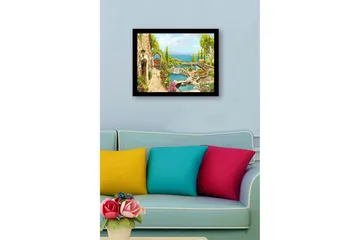 Inramad Canvastavla i trä - 41x56 cm - Vacker trädgård med blomsterarrangemang och en stilla vattenyta - Grön / Rosa / Blå - Inredning - Tavlor & posters - Canvastavla