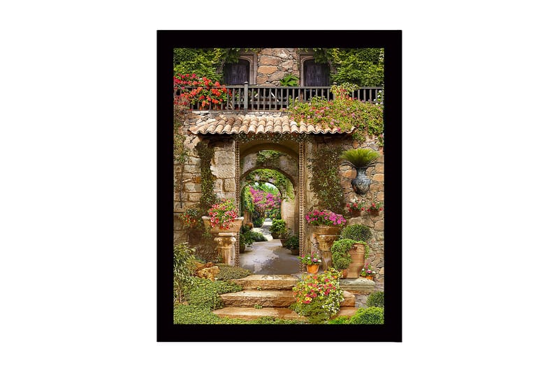 Inramad Canvastavla i trä - 41x56 cm - Vacker trädgård med blomsterarrangemang och stenarkitektur, Grön / Rosa / Beige