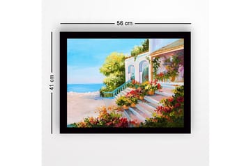 Inramad Canvastavla i trä - 41x56 cm - Vacker trappa med blomkrukor i en solig kustmiljö - Grön / Rosa / Blå - Inredning - Tavlor & posters - Canvastavla