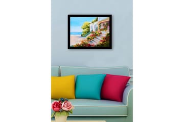 Inramad Canvastavla i trä - 41x56 cm - Vacker trappa med blomkrukor i en solig kustmiljö - Grön / Rosa / Blå - Inredning - Tavlor & posters - Canvastavla