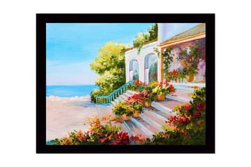 Inramad Canvastavla i trä - 41x56 cm - Vacker trappa med blomkrukor i en solig kustmiljö - Grön / Rosa / Blå - Inredning - Tavlor & posters - Canvastavla