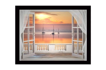 Inramad Canvastavla i trä - 41x56 cm - Vacker utsikt över segelbåtar vid solnedgången genom ett öppet fönster - Orange / Rosa / Blå - Inredning - Tavlor & posters - Canvastavla