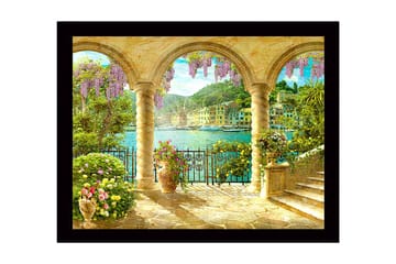 Inramad Canvastavla i trä - 41x56 cm - Vacker utsikt genom valv med blommor och havet i bakgrunden - Lila / Grön / Guld - Inredning - Tavlor & posters - Canvastavla