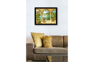 Inramad Canvastavla i trä - 41x56 cm - Vacker utsikt genom valv med blommor och havet i bakgrunden - Lila / Grön / Guld - Inredning - Tavlor & posters - Canvastavla