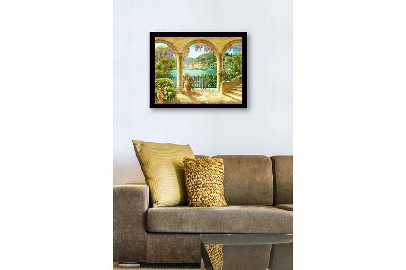 Inramad Canvastavla i trä - 41x56 cm - Vacker utsikt genom valv med blommor och havet i bakgrunden - Lila / Grön / Guld - Inredning - Tavlor & posters - Canvastavla