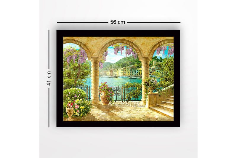 Inramad Canvastavla i trä - 41x56 cm - Vacker utsikt genom valv med blommor och havet i bakgrunden - Lila / Grön / Guld - Inredning - Tavlor & posters - Canvastavla