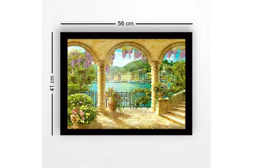 Inramad Canvastavla i trä - 41x56 cm - Vacker utsikt genom valv med blommor och havet i bakgrunden - Lila / Grön / Guld - Inredning - Tavlor & posters - Canvastavla