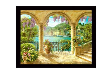 Inramad Canvastavla i trä - 41x56 cm - Vacker utsikt genom valv med blommor och havet i bakgrunden - Lila / Grön / Guld - Inredning - Tavlor & posters - Canvastavla