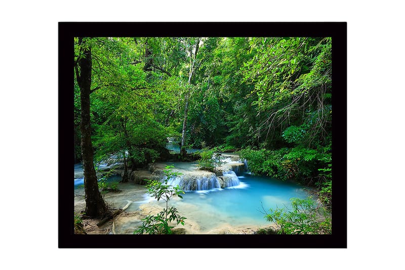 Inramad Canvastavla i trä - 41x56 cm - Vacker vattenfall i en grönskande skogsmiljö, Grön / Blå / Beige