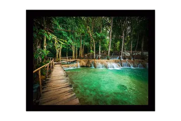 Inramad Canvastavla i trä - 41x56 cm - Vacker vattenfall med grönskande omgivning - Grön / Turkos / Brun - Inredning - Tavlor & posters - Canvastavla