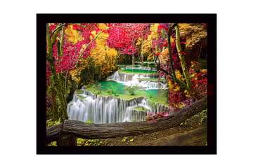 Inramad Canvastavla i trä - 41x56 cm - Vacker vattenfall med omgivande höstfärger - Röd / Gul / Turkos - Inredning - Tavlor & posters - Canvastavla