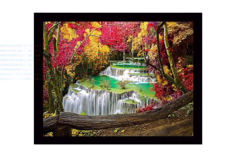 Inramad Canvastavla i trä - 41x56 cm - Vacker vattenfall med omgivande höstfärger, Röd / Gul / Turkos