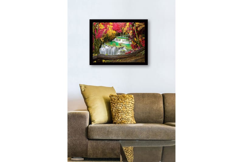 Inramad Canvastavla i trä - 41x56 cm - Vacker vattenfall med omgivande höstfärger - Röd / Gul / Turkos - Inredning - Tavlor & posters - Canvastavla