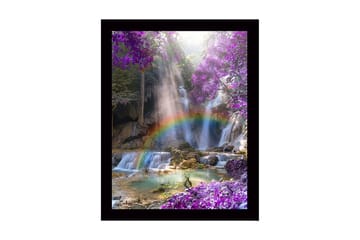 Inramad Canvastavla i trä - 41x56 cm - Vacker vattenfall med regnbåge omgiven av lila blommor och grönskande träd - Lila / Grön / Blå - Inredning - Tavlor & posters - Canvastavla