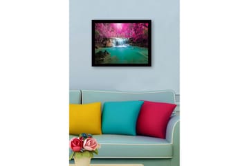 Inramad Canvastavla i trä - 41x56 cm - Vacker vattenfall omgiven av rosa träd och grönskande vegetation - Rosa / Turkos - Inredning - Tavlor & posters - Canvastavla
