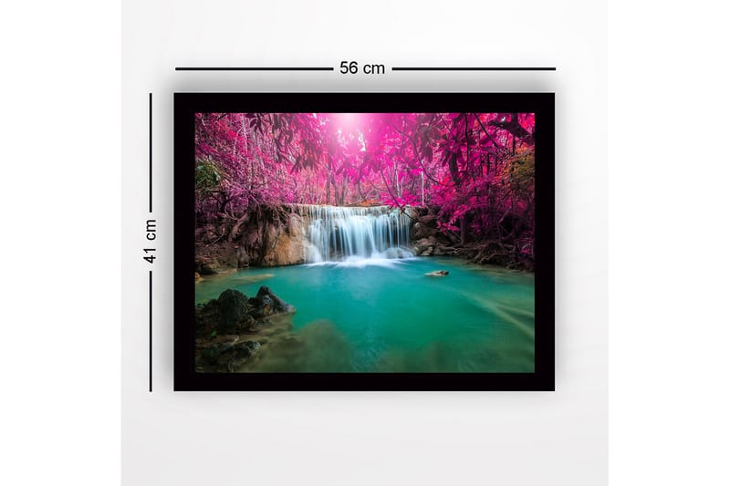 Inramad Canvastavla i trä - 41x56 cm - Vacker vattenfall omgiven av rosa träd och grönskande vegetation - Rosa / Turkos - Inredning - Tavlor & posters - Canvastavla