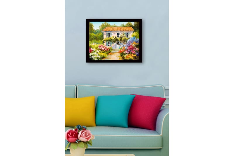 Inramad Canvastavla i trä - 41x56 cm - Vacker villa omgiven av blomstrande trädgård - Grön / Rosa / Gul - Inredning - Tavlor & posters - Canvastavla