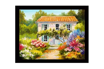 Inramad Canvastavla i trä - 41x56 cm - Vacker villa omgiven av blomstrande trädgård - Grön / Rosa / Gul - Inredning - Tavlor & posters - Canvastavla