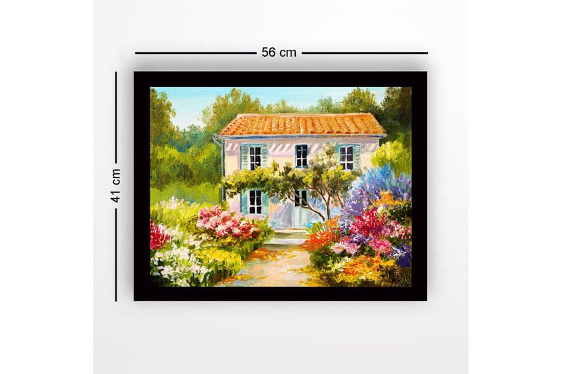Inramad Canvastavla i trä - 41x56 cm - Vacker villa omgiven av blomstrande trädgård - Grön / Rosa / Gul - Inredning - Tavlor & posters - Canvastavla