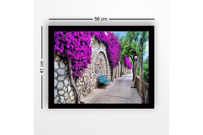 Inramad Canvastavla i trä - 41x56 cm - Vacker promenad med bougainvillea som pryder en stenmur - Lila / Grön / Beige - Inredning - Tavlor & posters - Canvastavla